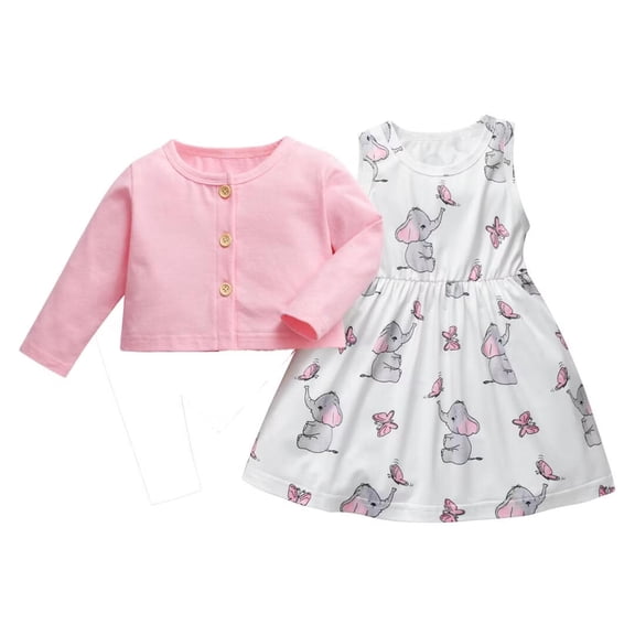 Baby Girls Clothes Solid Long Sleeve Tops   Sleeveless Elephant Style Dress Outfit Set Pink 3-6 Months