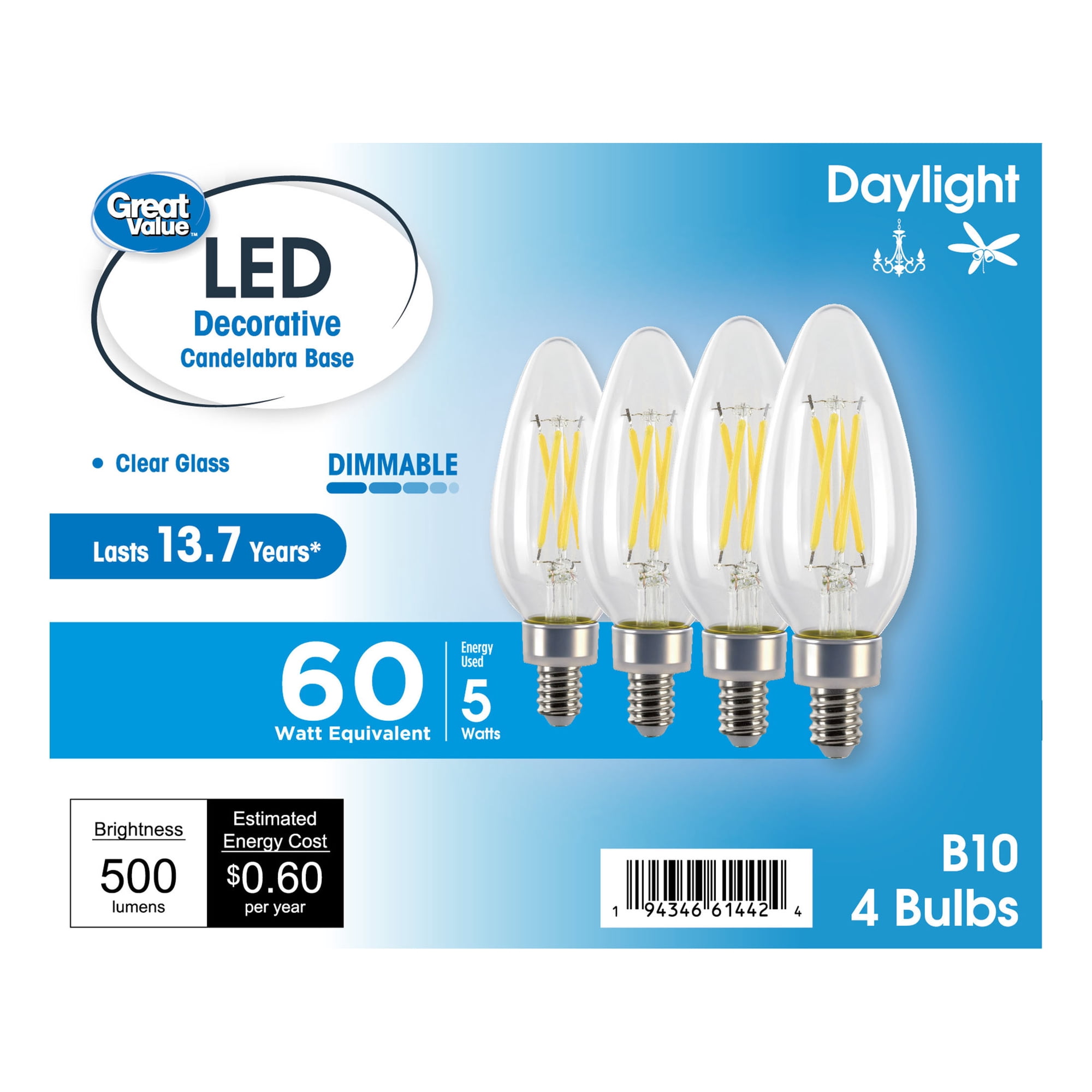 Great Value LED Light Bulb, 5W, 60W Equivalent, B10 Decorative Lamp, E12 Candelabra Base, Dimmable, Daylight, 13 Year, 4 Pack