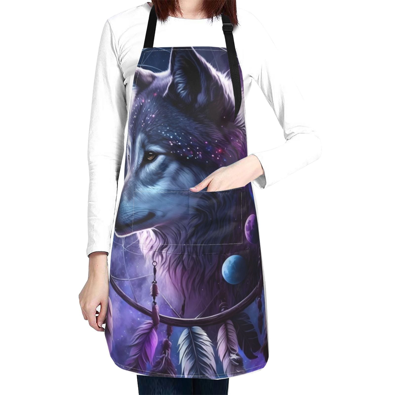 Kdxio Feathered Wolf Apron with Pockets Adjustable Kitchen Aprons for Men Women Waterproof Aprons for Cooking,Drawing,Crafting, Baking Household Cleaning