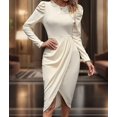 thumbnail image 5 of Dress for Women Round Neck Solid Color Side Split Bodycon Cocktail Long Sleeve Party Midi Dress Color L, 5 of 7