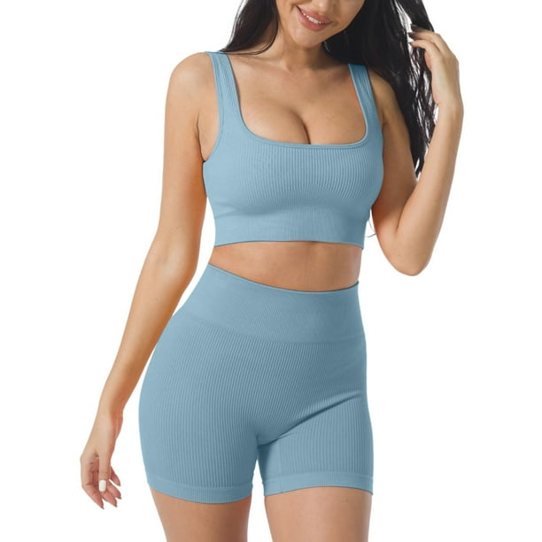 Gibobby Trajes de Entrenamiento para Mujer Conjunto de ropa de yoga Moda Sexy Correr al libre Desnudo Ropa deportiva Ropa deportiva de secado rápido ajustada(Azul,M)