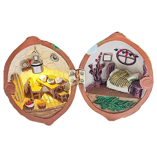 Miniature Walnut Shell World Handcrafted Walnut Shell Decoration with Warm Light Tiny World Walnut House Miniature Book Store Mini Library for Kids