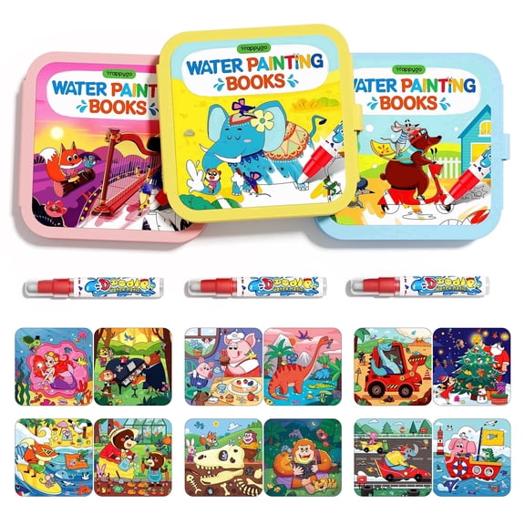 Timetome Reusable Water Painting Book - 3 Pack Magic Watercolor Books with Water Pens, 30 Coloring Book Pages for Kids Fairy Tale, Animal & Dinosaur Themes | No Mess Paint & Reusable Fun for Ages 3 