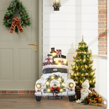 26 Inch Iron Pre-Lit Christmas White Truck w Gifts Sign