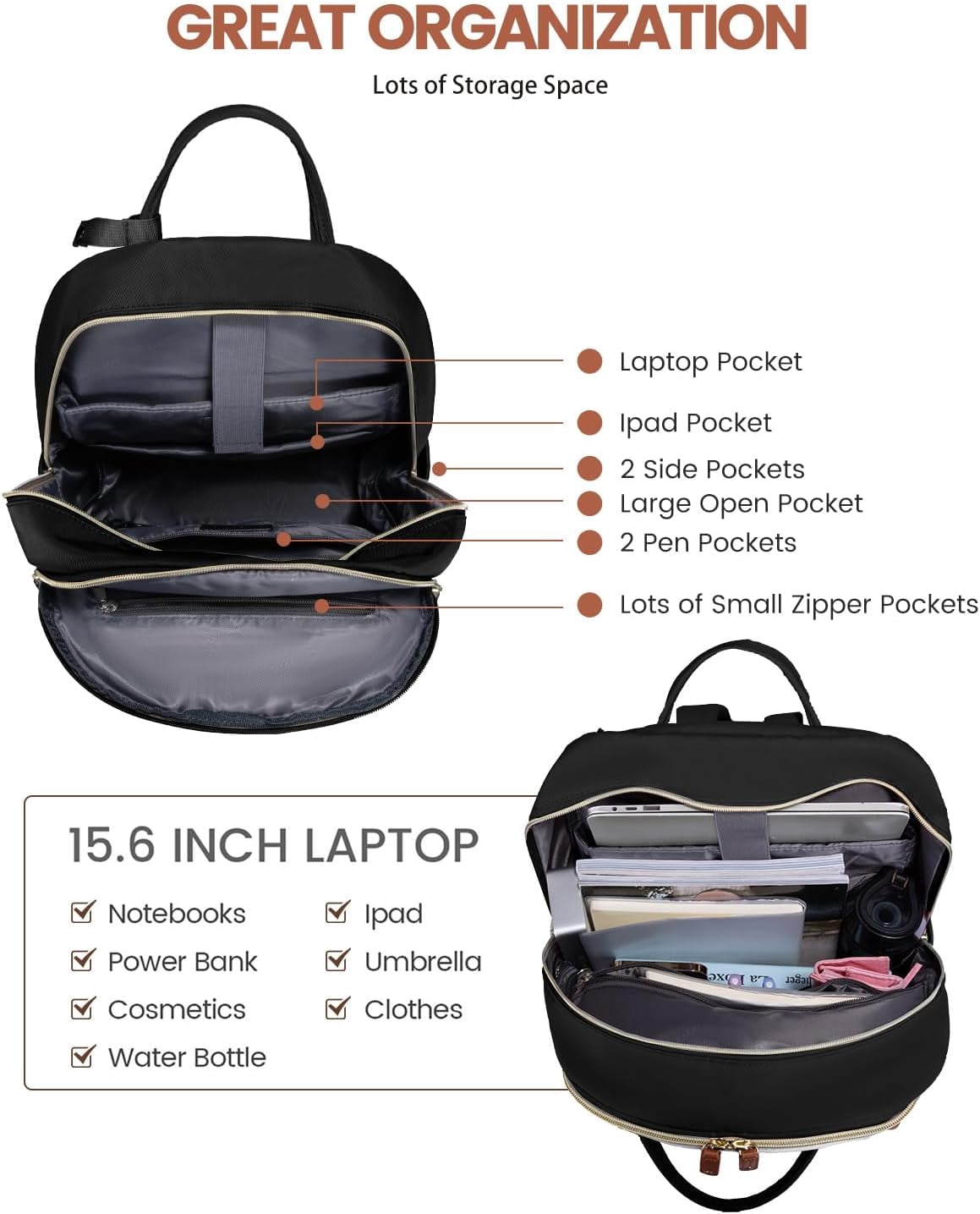 Lovevook Women's USB Charging Port Nylon 15.6" Laptop Backpack, Black-Beige