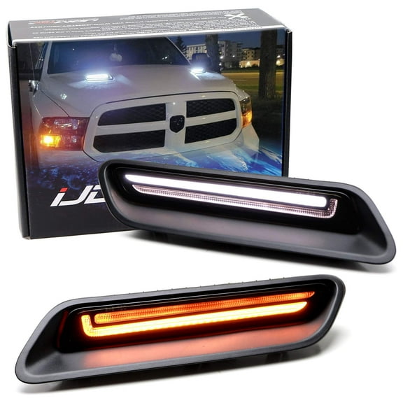 Sport Performance Hood Side Scoop Replace White/Amber Switchback LED Daytime Running Light Kit For 2010-2018 RAM 1500 Sport, White LED DRL, Amber LED Sequential Blink Turn Signal