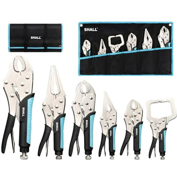 SHALL 6-Piece Locking Pliers, Vice Grips Pliers Set, 5",7" & 10" Curved Jaw Locking Pliers, 6-1/2" & 9-1/2 Long Nose Locking Pliers, 6" Locking C-Clamp, Two-Color TPR Handle, Roll Up Pouch Included