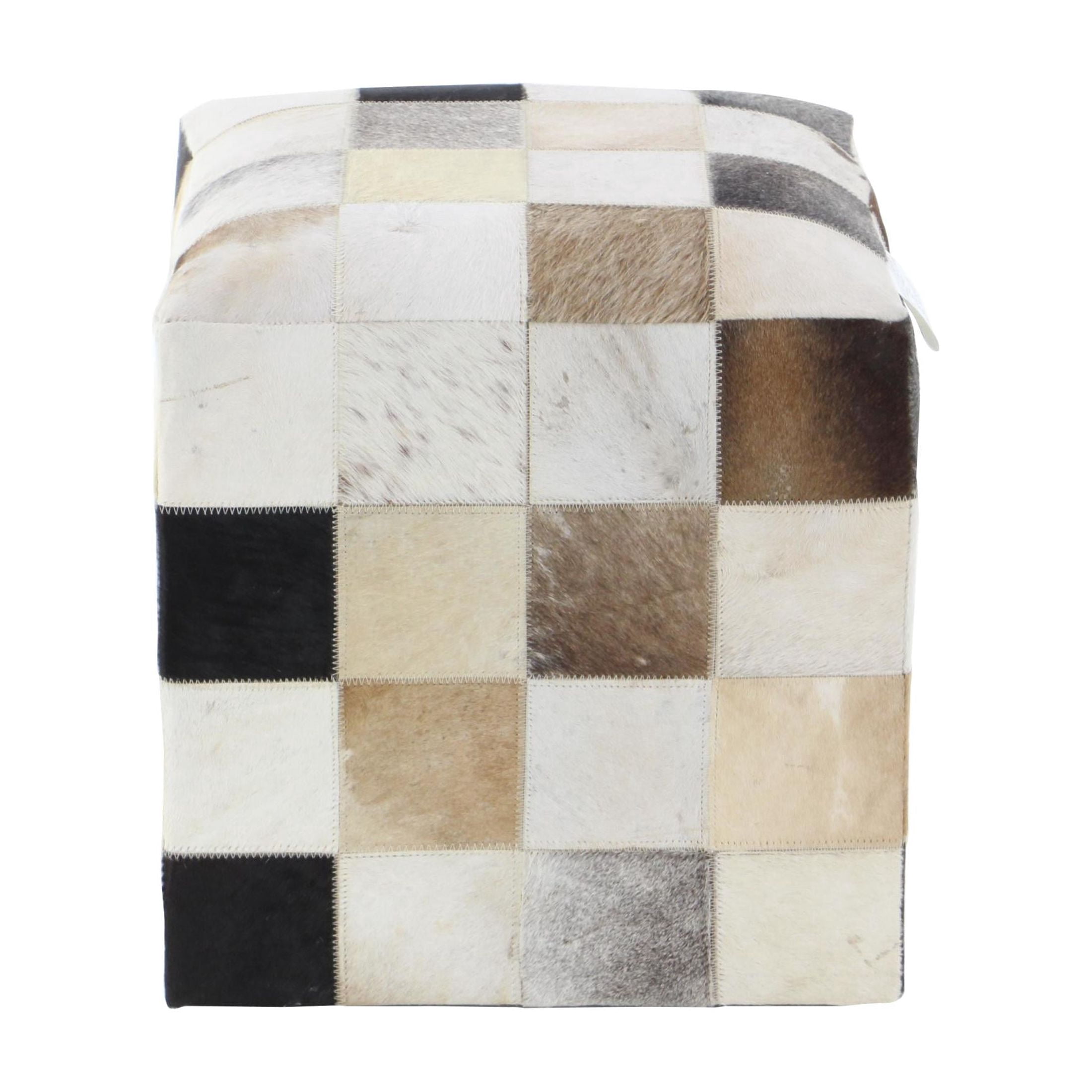 DecMode Leather Handmade Cowhide Stool with Patchwork Pattern, Multi Colored