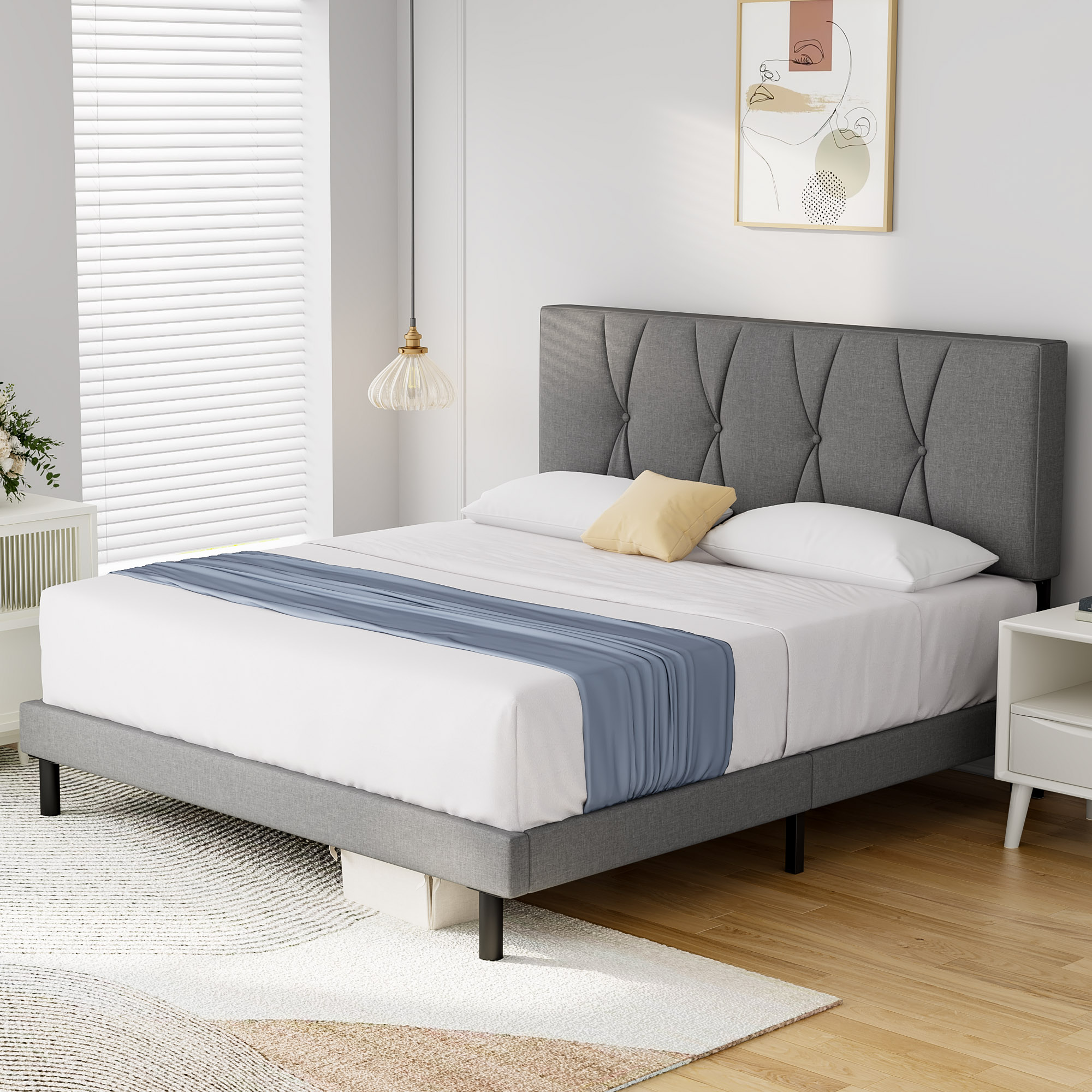 King Bed Frame, HAIIDE King Size Platform Bed With Fabric Upholstered Headboard,Light Grey - image 2 of 7