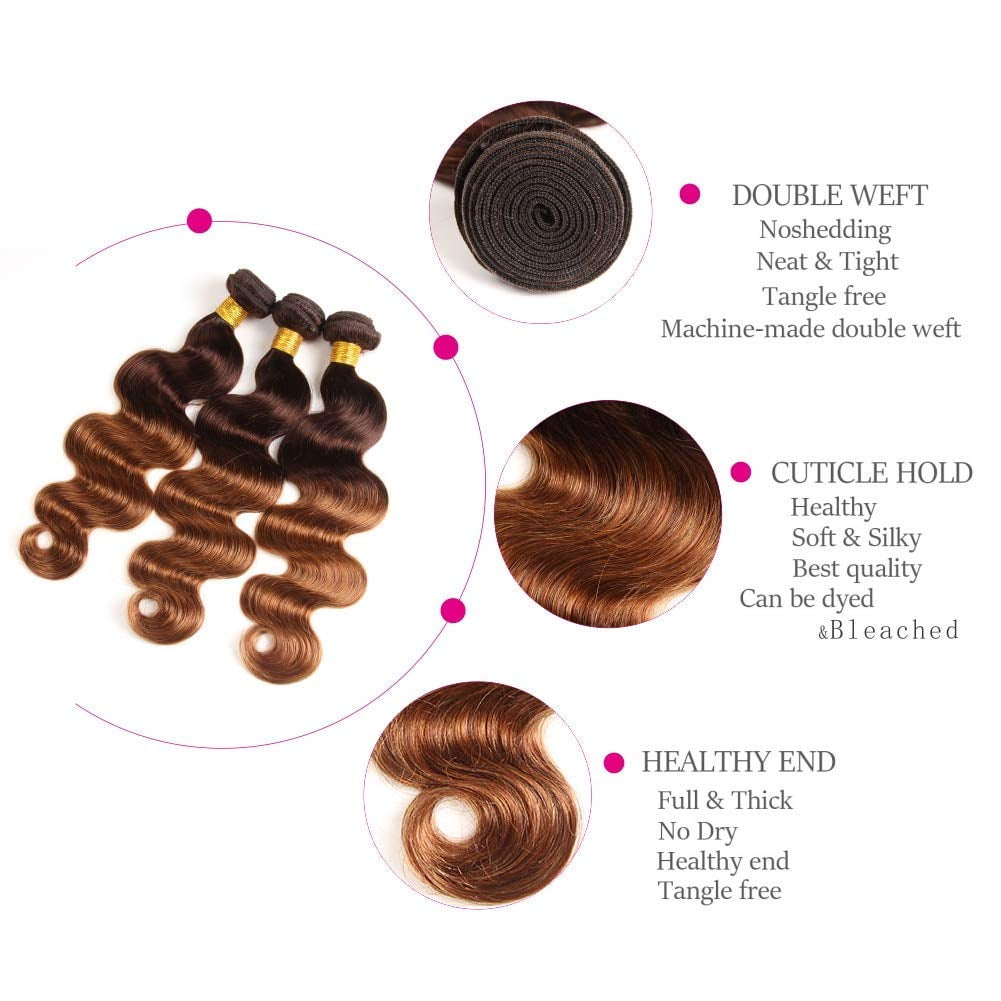 Two Tone Ombre Brazilian Body Wave Hair Brazilian Remy Virgin Human Hair Weave Bundles 100% Unprocessed Body Wave Human Hair Extensions T4/30 Medium Brown/Medium Auburn 20"
