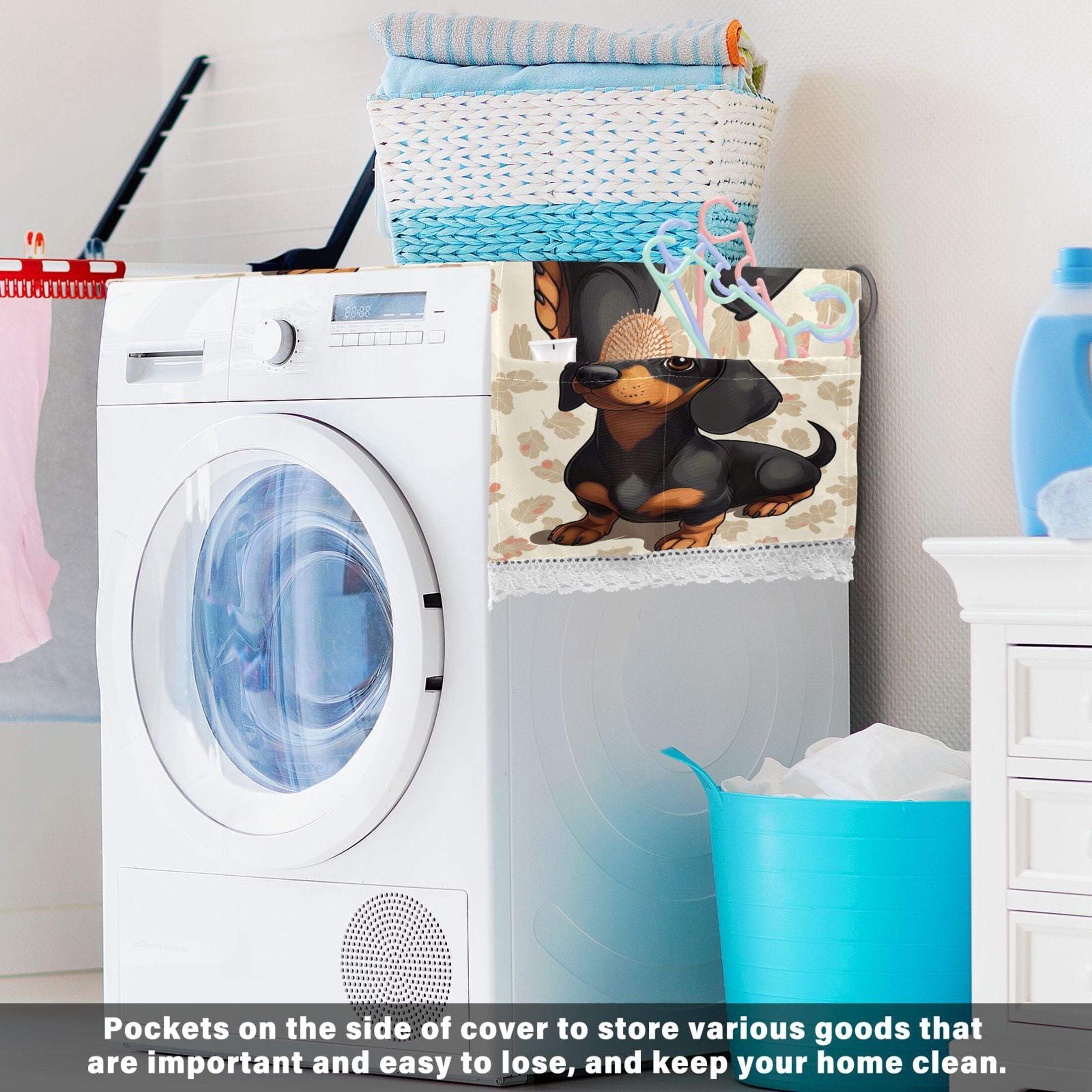 Dachshund PatternWasher and Dryer Covers Dust-Proof and Oil Resistant Fridge Cover with 4 Storage Pockets Washing Machine Top Cover for Laundry Kitchen Home 51.2 x 22 In