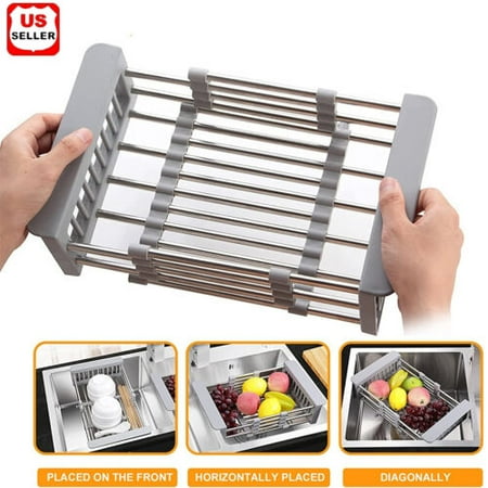

LINKPAL Retractable Stainless Steel Sink Strainer Drain Telescopic Drain Basket with Adjustable Armrest Kitchen Rack Drain Basket Over The Sink Dish Drying Rack Small Size