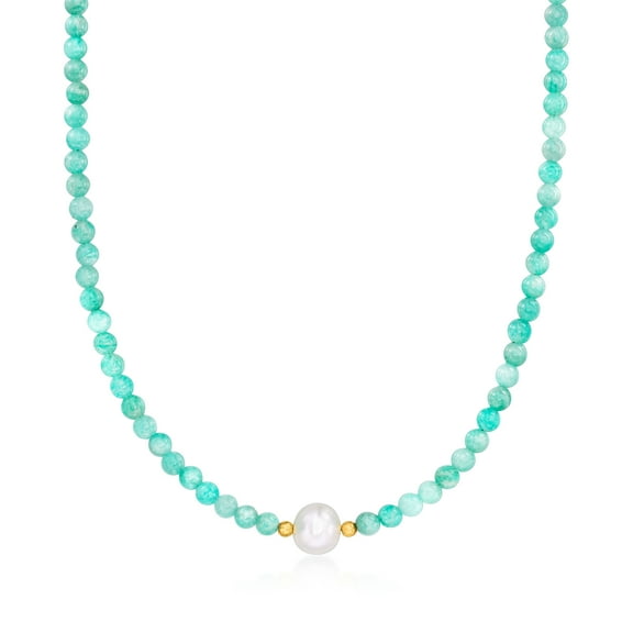 Ross-Simons 8.5-9mm Cultured Pearl and 4-4.5mm Amazonite Bead Necklace With 18kt Gold Over Sterling, Women's, Adult