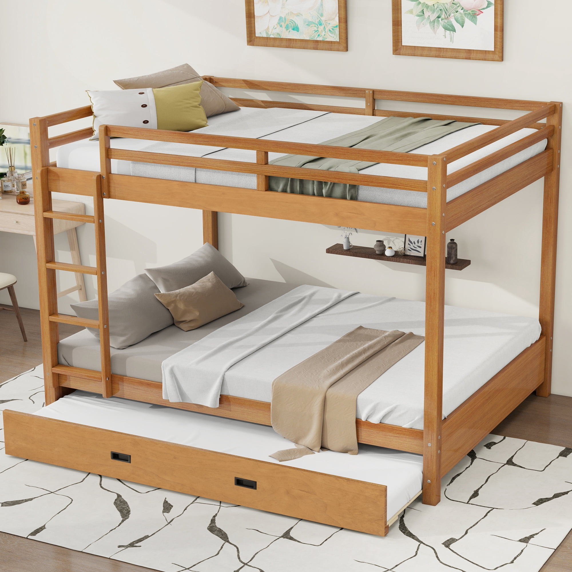 EUROCO Queen over Queen Size Bunk Bed with Trundle for Kids Teens Adults, Wood Color