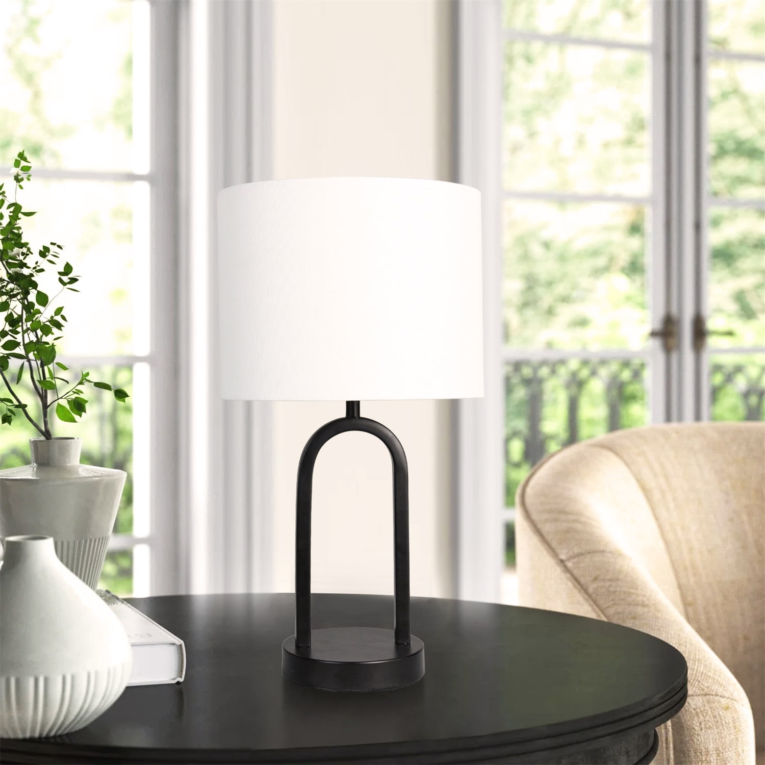 Mainstays 16.75"H Metal Black Arch Table Lamp with White Fabric Lamp Shade