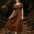 thumbnail image 5 of KICILVS Medieval Dress Women Solid Color Puff Sleeve Maxi Gown Ruched Bust Lace Up Waist A Line Renaissance Party Dress Brown, 5 of 9
