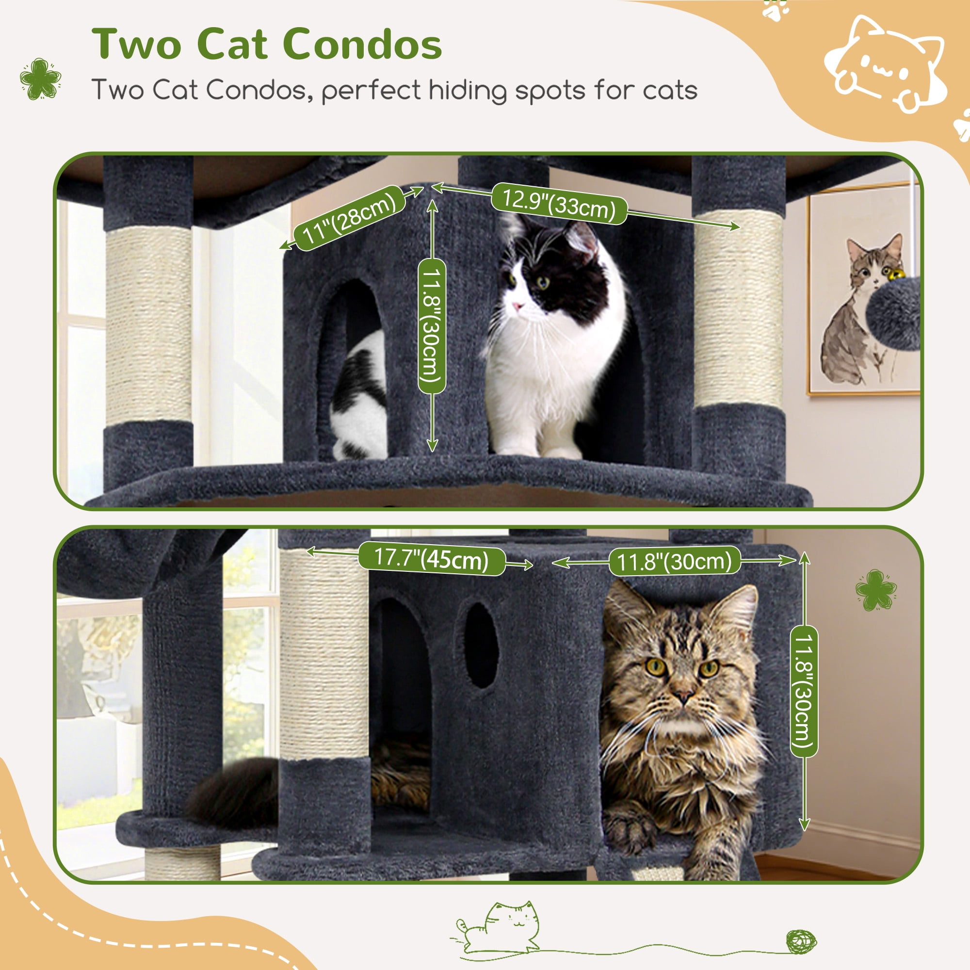 Globlazer 83'' Multi-Level Large Cat Tree Tower for Indoor Cats with Sisal Scratching Post, Hammock & 2 Condos, Dark Gray