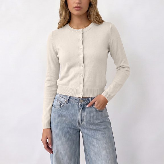 ClodeEU Women's Round Neck Button Front Knit Cardigan,Casual Long Sleeve Slim Fit Knit Outerwear ,Women's S-XXL