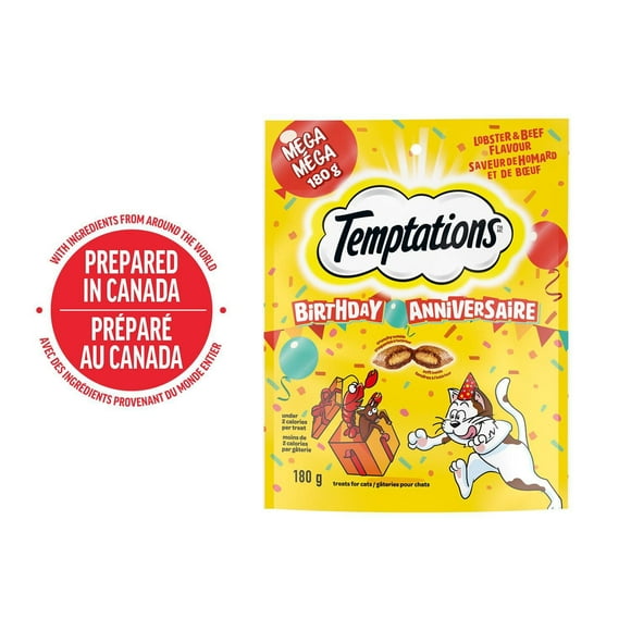 Gâteries pour chats adultes TEMPTATIONS Anniversaire – saveur de homard et de bœuf 180 g