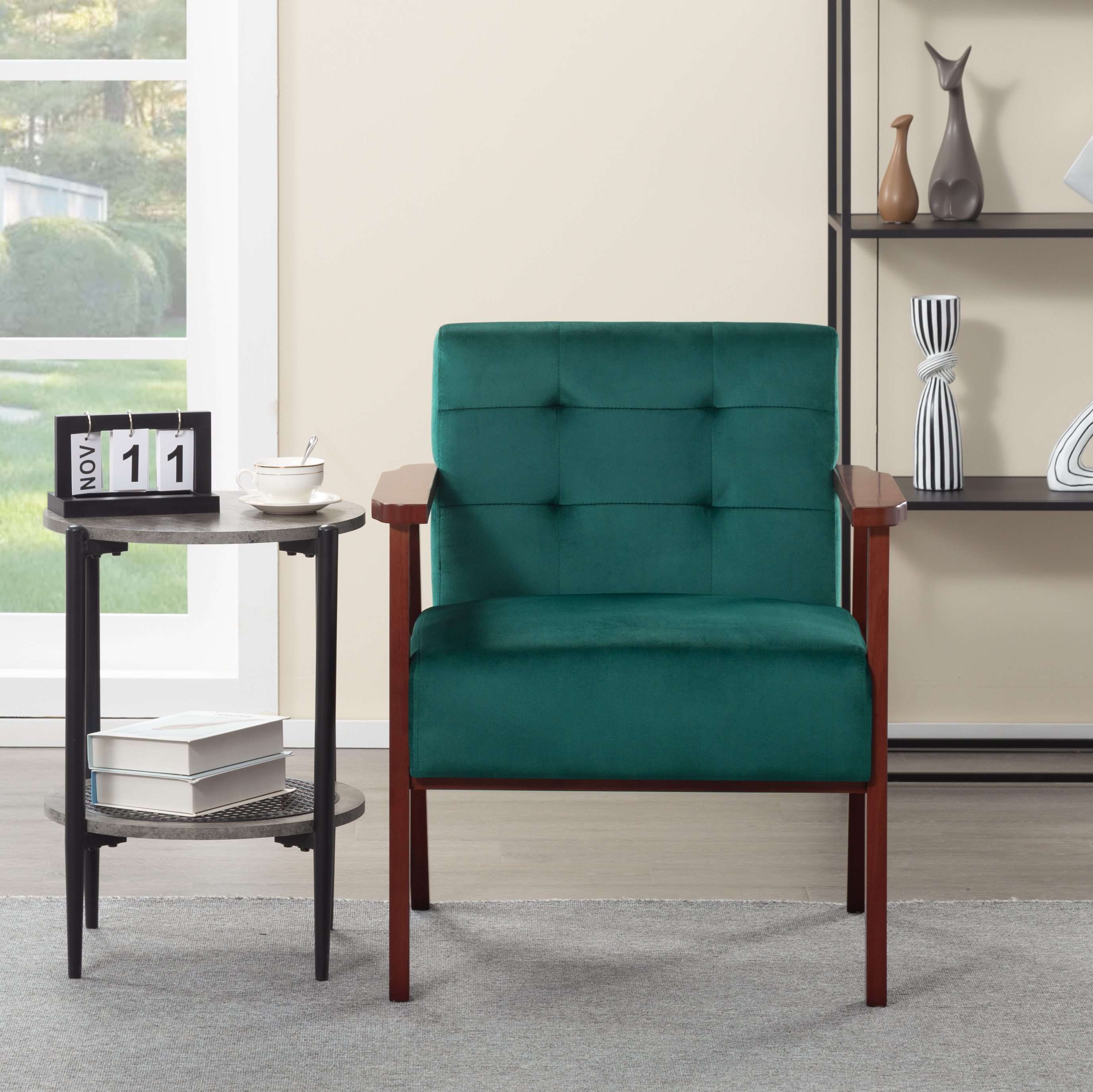 BSHTI Wood Frame Accent Armchair, Velvet Accent Armchair With Comfy Upholstered Armchair for Living Room, Bedroom Corner, Reading Nook