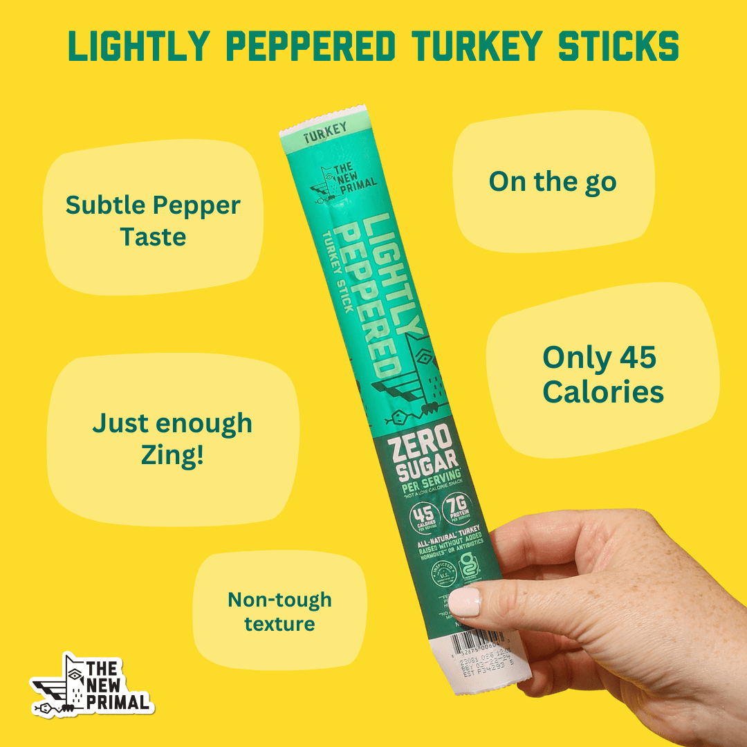 The New Primal Lightly Peppered Turkey Sticks, Keto, Gluten Free, High Protein, 20 Ct