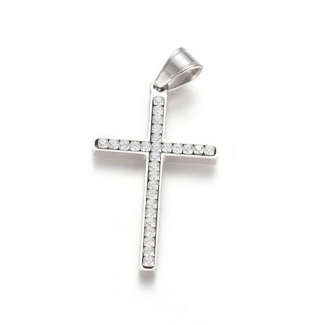 304 Stainless Steel Pendants with Crystal Rhinestone Cross Stainless Steel Color 43.5x25.5x3.5mm Hole: 5x7.5mm