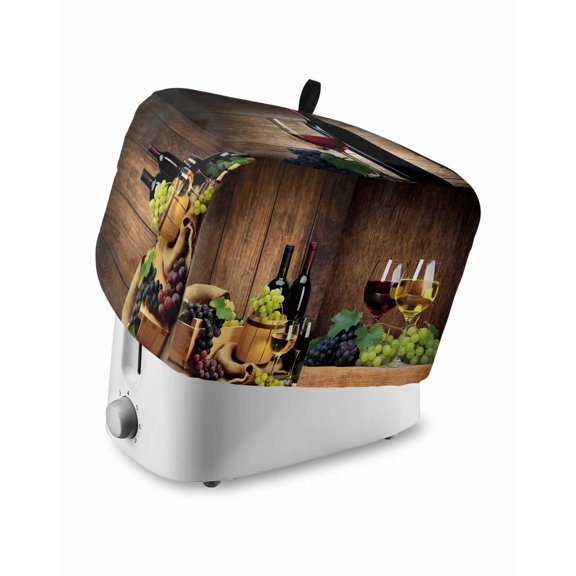 Red Wine Small Toaster Cover 2 Slice, Kitchen Appliance Covers, Grapes Glasses Country Wooden Farmhouse Toaster Oven Cover with Loop, Bread Machine Cover Polyester Dust Cover Protection