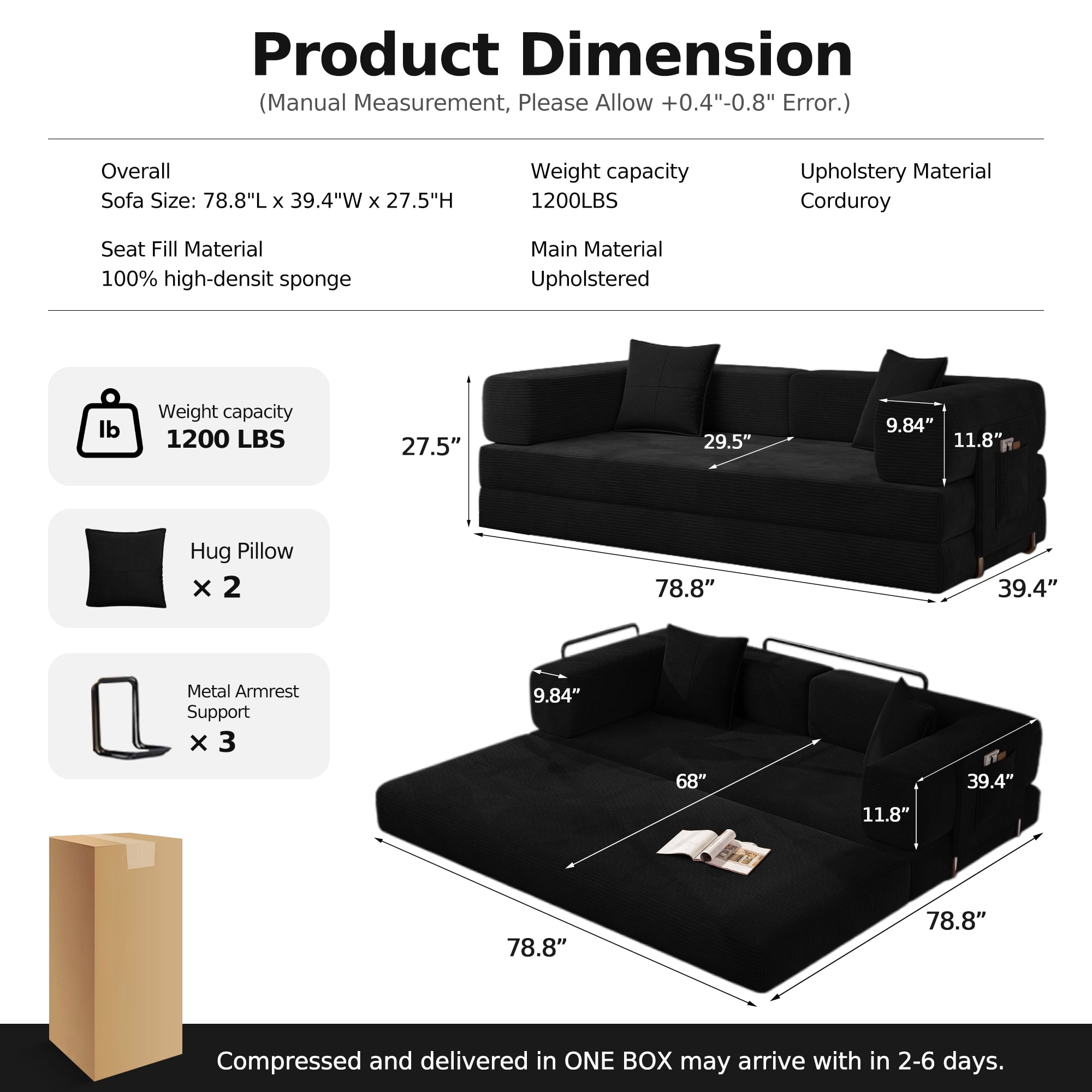 DILORA Convertible Sleeper Sofa Bed,Compressed Floor Boneless Couch,Modular Modern Corduroy Sofa for Living Room Bedroom,Easy Assembly(Black)78.8''