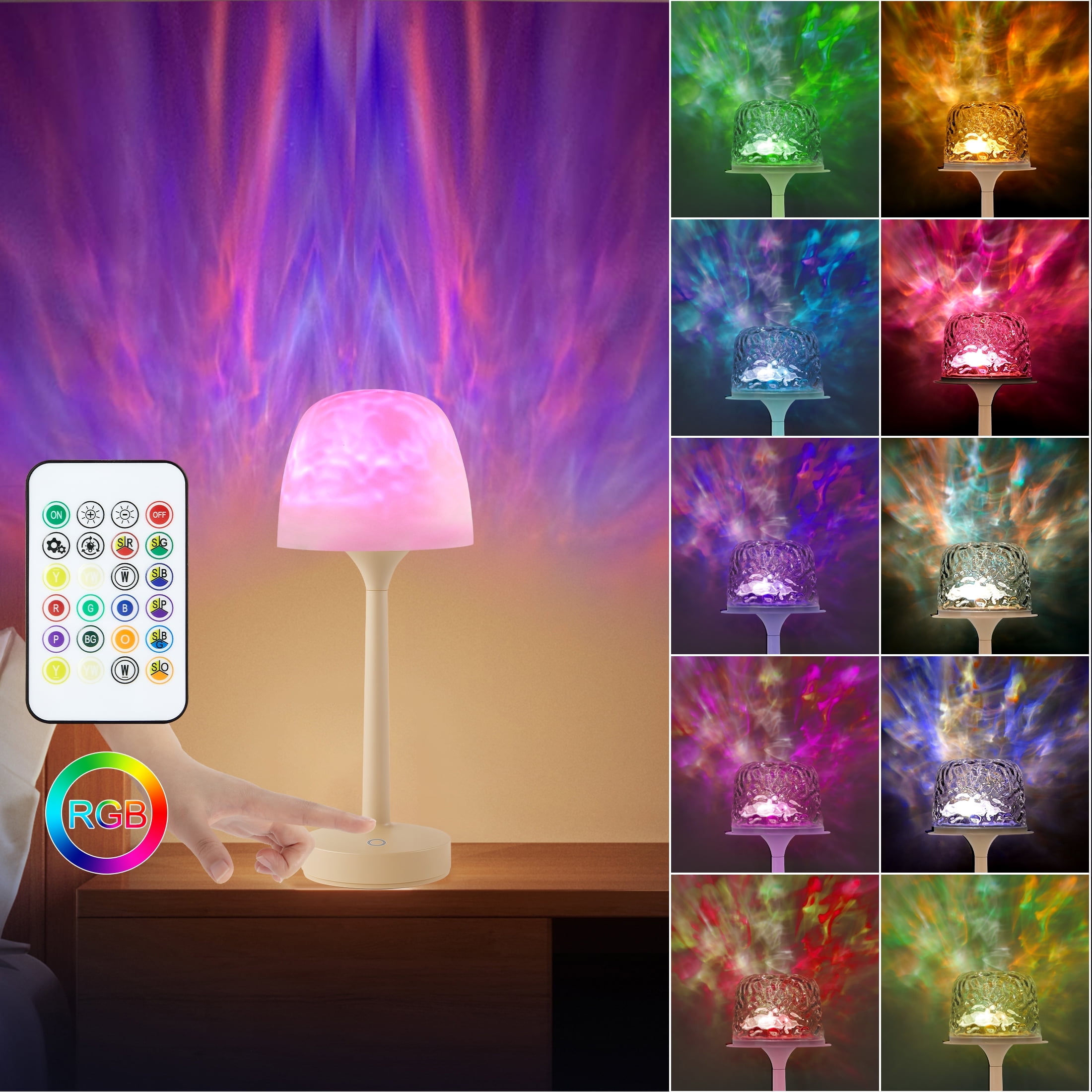 LOFTER-PRO Table Lamps, Ocean Wave Projector Light & Underwater Ripple Lamp – 2-in-1 Cordless Desk Lamp, Dual-Mode Ambient Lighting, USB , 16 Colors RGB, Touch/Remote Control for Bedroom, Living Room