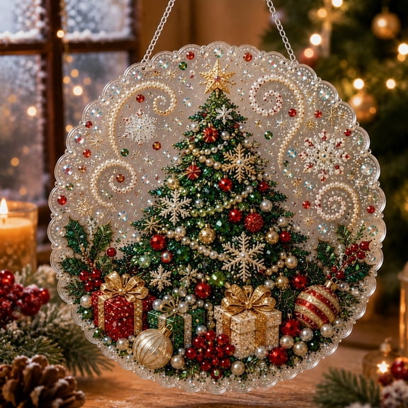Christmas Pearl Diamond Painting Suncatcher Kit, 8-Inch Double-Sided Acrylic Ornament with Mixed Pearl Beads and Metal Chain for Window Wall Decor