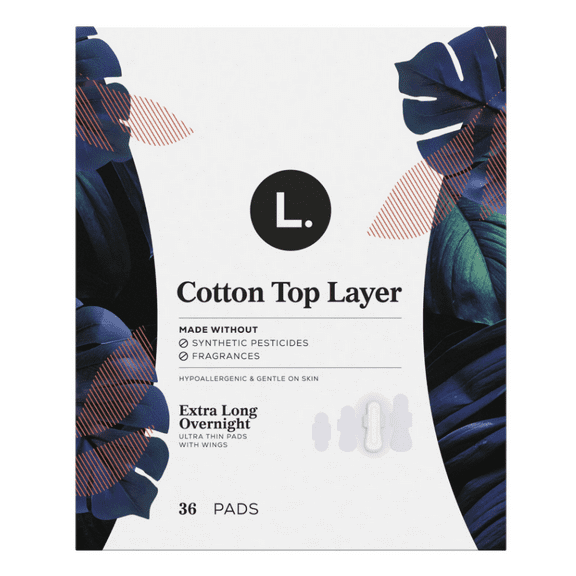 L. Ultra Thin Pads for Women, Overnight Absorbency, Organic Cotton Top Layer, Unscented Pads with Wings, 36 CT