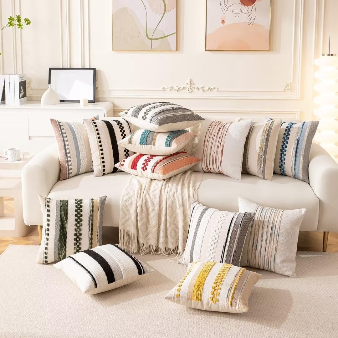Boho Throw Pillow Covers 18x18 Set of 2 Farmhouse Decorative Cushion Case Striped Square Pillows Cover Chenille Pillow Cases Accent Neutral Pillowcase for Sofa Couch Bed
