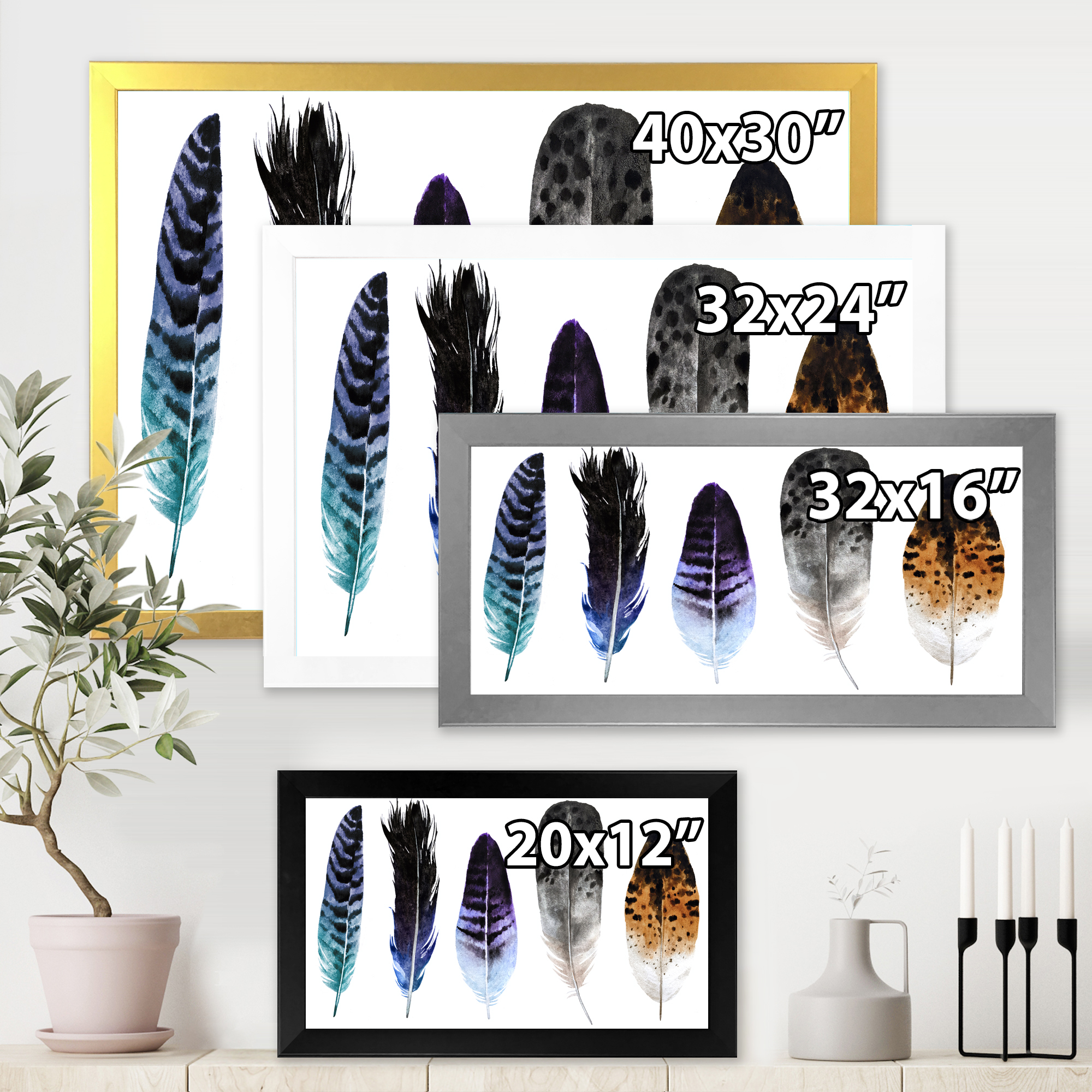 Designart 'Colourful Boho Art Feathers II' Bohemian & Eclectic Framed Art Print