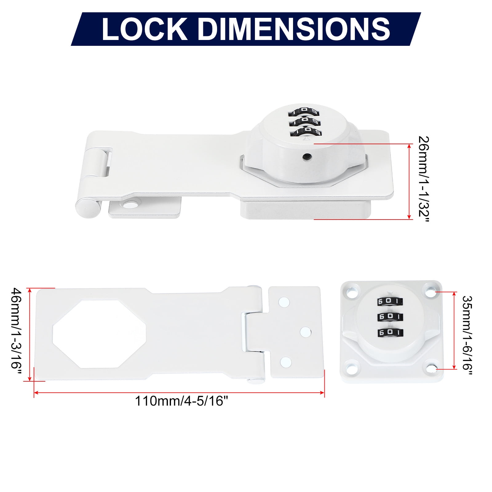 Uxcell Cabinet Password Hasp Lock 3-Digit 180 Degree Barn Door Lock Security Combination Latch Lock for Drawers Cabinet White 4.5"