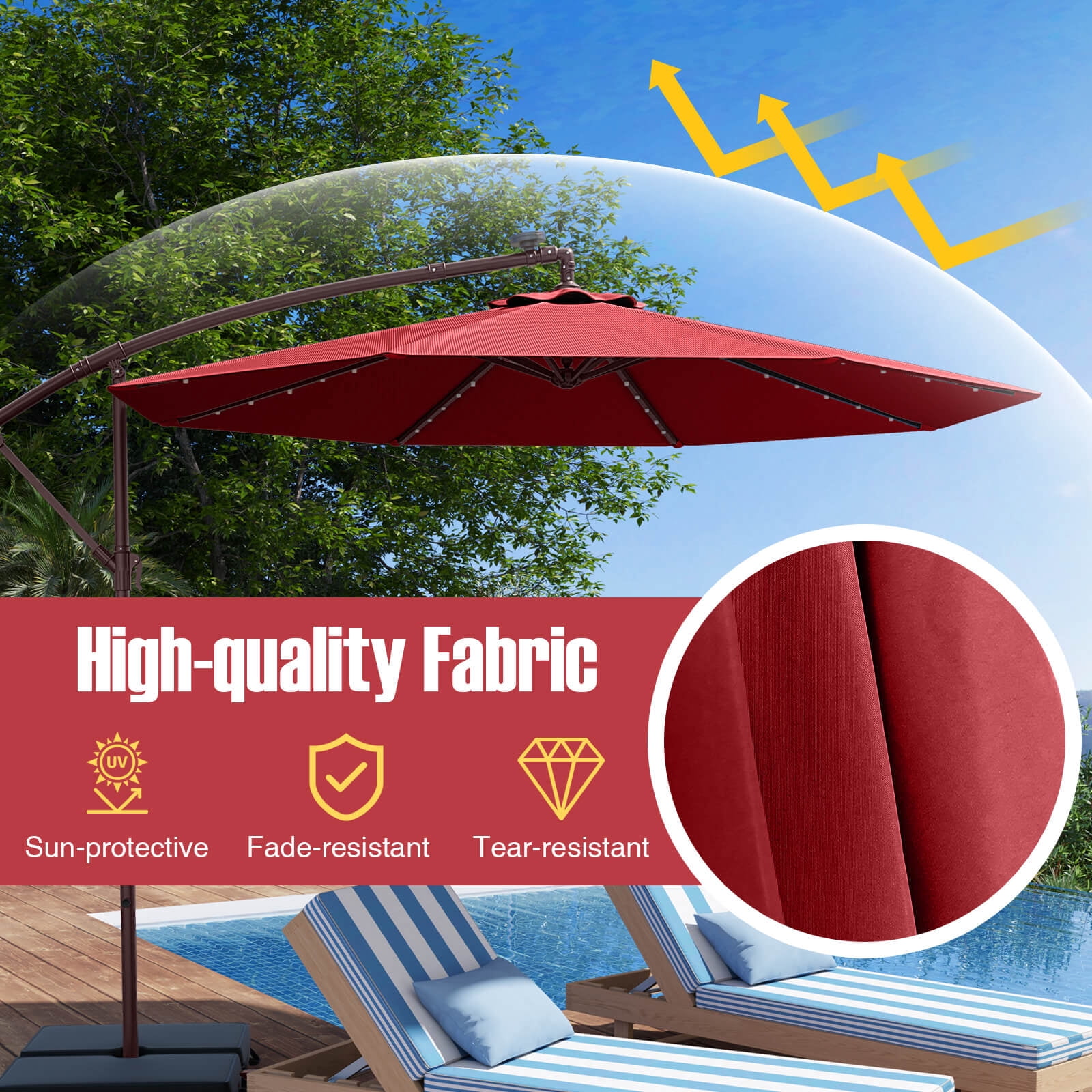Costway Patio 10FT Hanging Offset Umbrella 32 LED Lights Sand Bag Outdoor Cross Base Wine