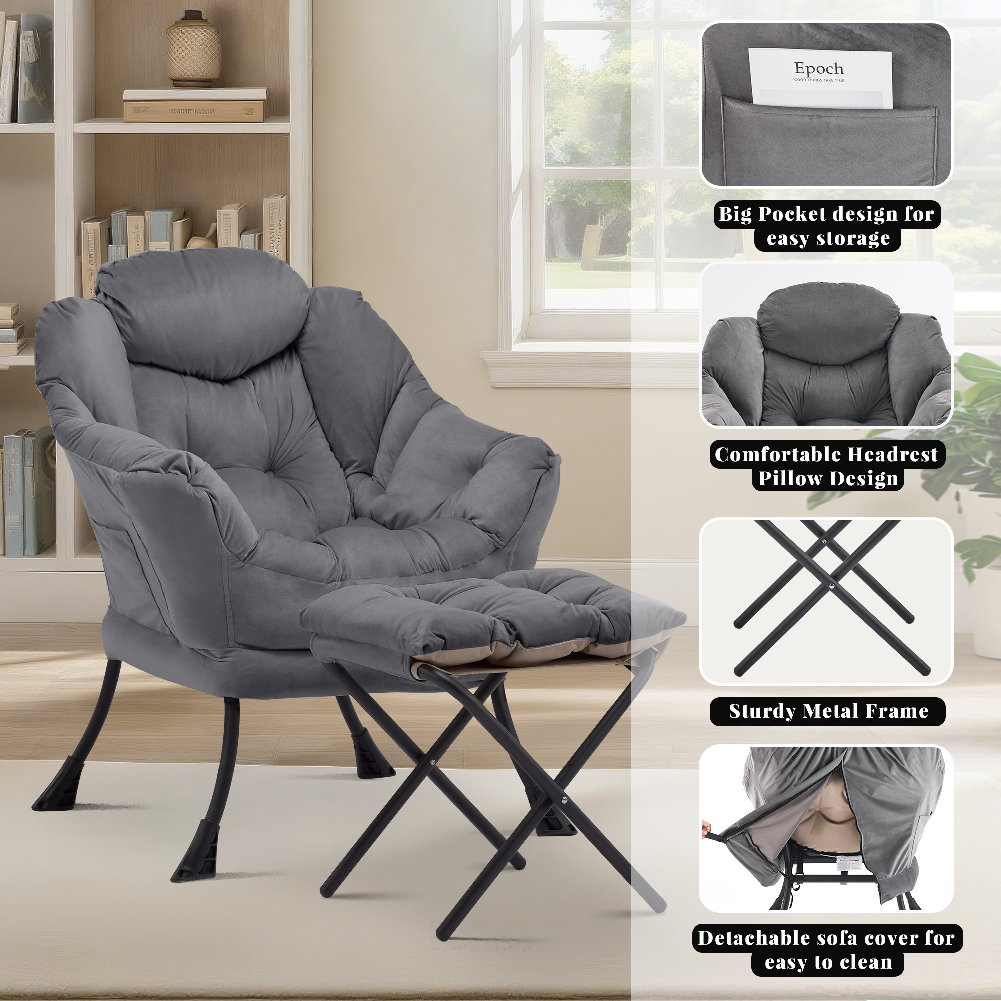 SAETSFEG Lazy Chair with Ottoman, Dark Gray photo 2