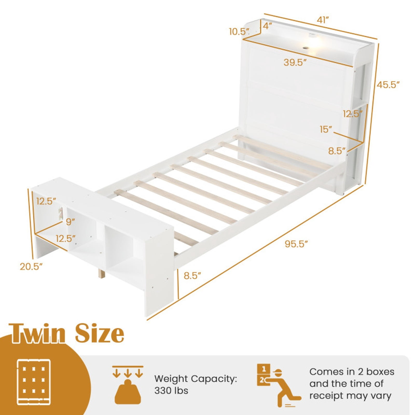 Furnibear Twin Size Bed Frame with Storage Headboard Footboard 2 USB Ports and 3 Color Adjustable LED Lights No Box Spring Needed, White