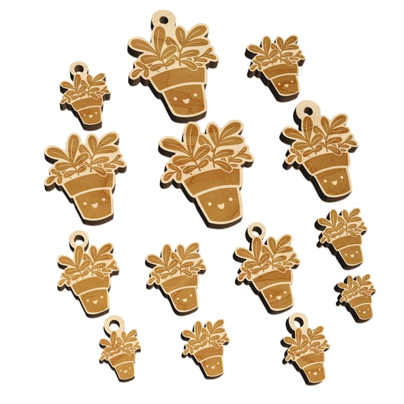Happy Potted Plant Wood Mini Charms Shapes DIY Craft Jewelry - With Hole - Various Sizes (16pcs)
