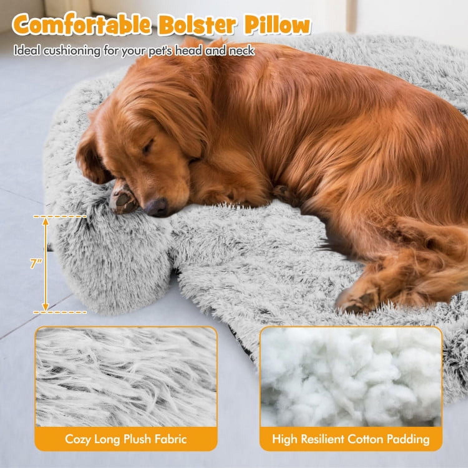 resenkos 40" Dog Bed for Couch, Calming Dog Beds for Large Dogs, Fluffy Plush Bed for Pets, Anti Anxiety Dog Bed with Removable Cover, Grey-S