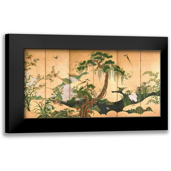 Eino, Kano 14x9 Black Modern Framed Museum Art Print Titled - Birds and Flowers of Spring and Summer