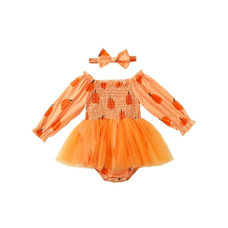

WERNZATT Girl Halloween Romper Pumpkin Print Long Sleeve Jumpsuit Headband