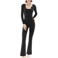 thumbnail image 3 of FEORJGP Women Flare Pants Jumpsuit Long Sleeve Bodysuit Solid Color U-Neck Bodycon Jumpsuit Wide Leg Full Length Romper 3D Flower Decor Slim Fit Outfit, 3 of 5