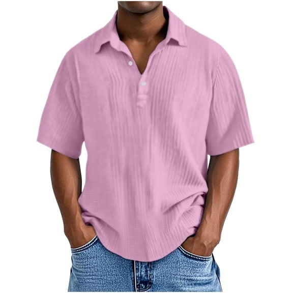 GuangCheng Mens Solid Color Textured Short Sleeve Shirts,Baggy Fit,Soft,Breathable,Pullover,Dress Shirts,Pink,Size 3XL