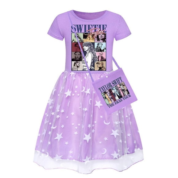 3-10 Ans Enfants Filles Taylor Swiftie Imprimé Robe Princesse Jupe Fête d'Anniversaire Cosplay Déguisement Robe Tutu avec Sac Bandoulière