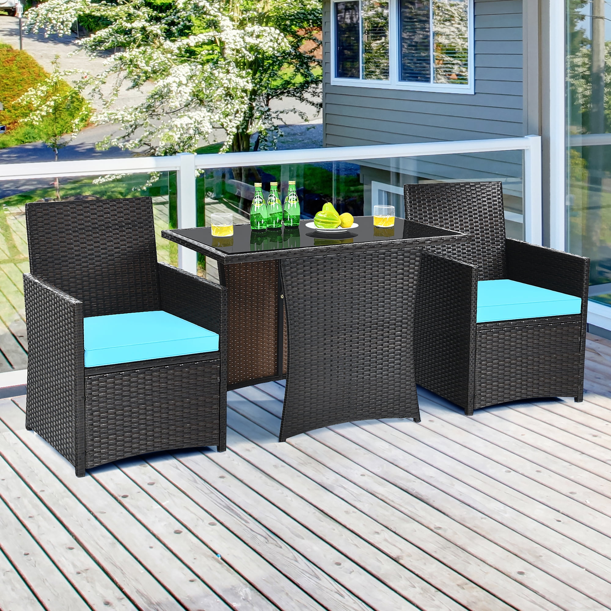 Costway  3PCS Patio Rattan Furniture Set Cushion Sofa Armrest Garden Turquoise
