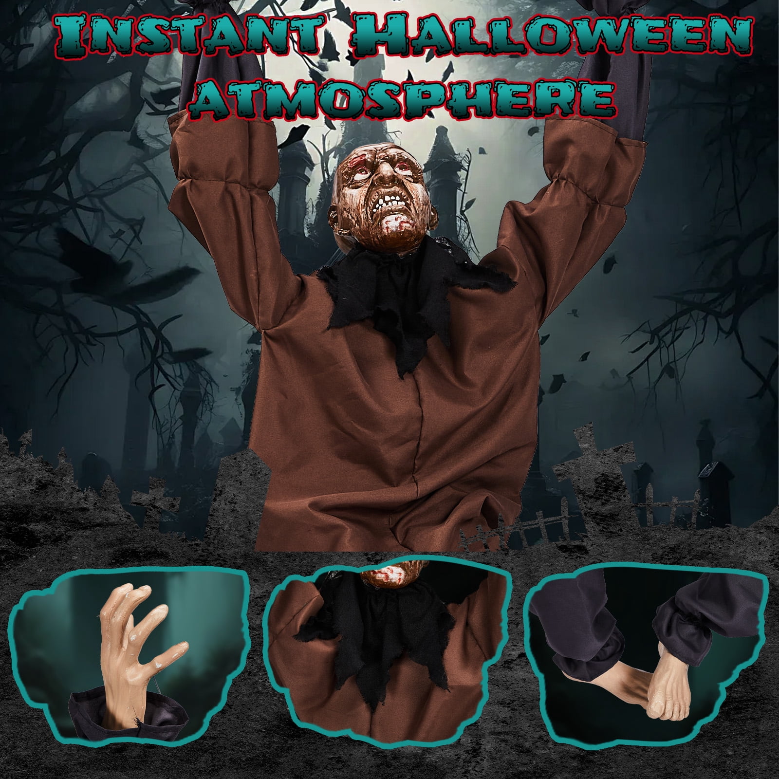 Astoutdoor 5 ft Halloween Wall-Climbing Ghost Hanging Decoration with Sound-Activated Moving Legs, Roaring and Laughing Sound Effects, Battery Operated