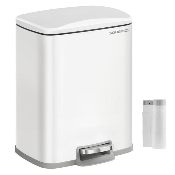 Trash Can, Garbage Can with Lid, 5.2-Gallon (20L) Step Trash Bin for Kitchen, Stainless Steel, Soft Close and Stays Open, Inner Bucket, Includes 15 Trash Bags, White