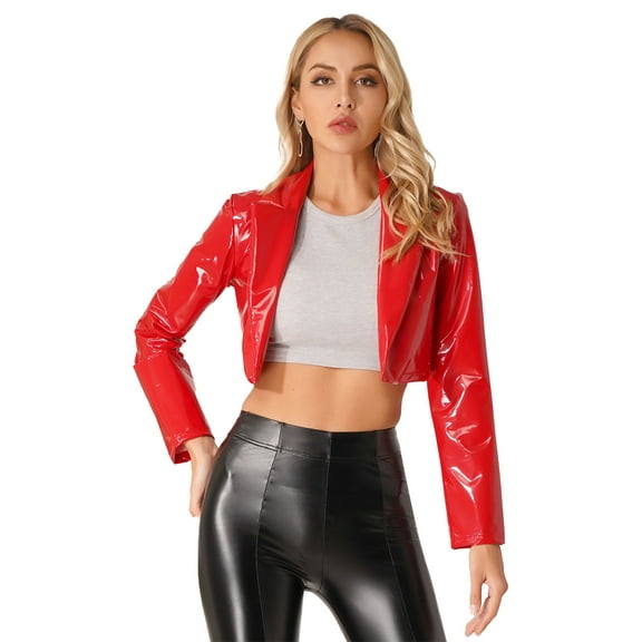 YEAHDOR Womens Long Sleeve Motorcycle Jacket Glossy Patent Leather Lapel Cropped Coat for Party Club Red XXL