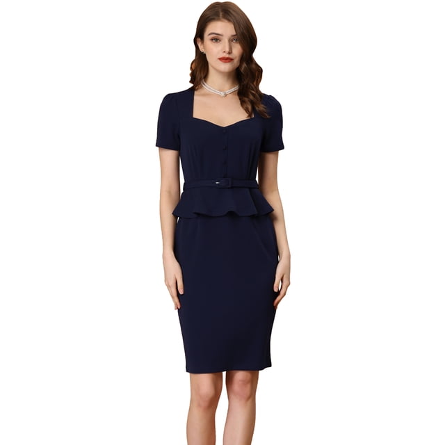 Vestido retro de manga corta con volantes y cuello de corazón para mujer Azul marino XL