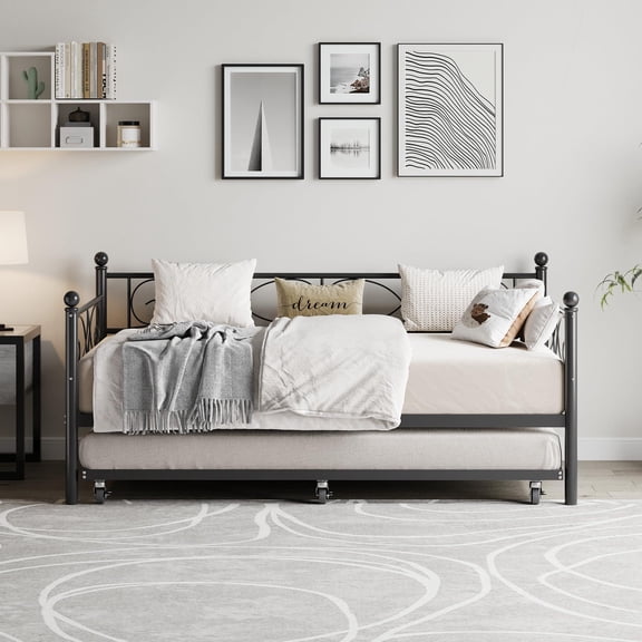 Black Metal Twin Daybed with Trundle Bed, Floral Headboard Steel Slat Space-Saving Sofa Bed for Guest Room